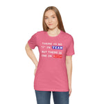 Person wearing a pink t-shirt with a humorous text design on a white background